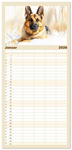 Produktbild: Familienplaner 2026 - Deutsche Sch&auml;ferhunde. Majest&auml;tische W&auml;chter im Aquarell-Stil mit 5 Spalten (Wandkalender, 21 x 45 cm) CALVENDO
