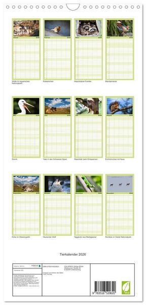 Produktbild: Familienplaner 2026 - Tierkalender 2026 mit 5 Spalten (Wandkalender, 21 x 45 cm) CALVENDO
