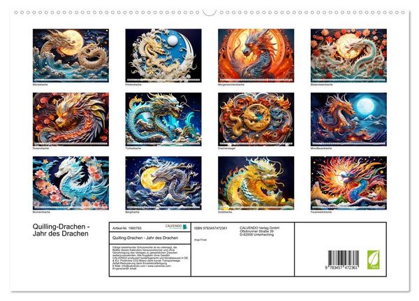 Produktbild: Quilling-Drachen - Jahr des Drachen (hochwertiger Premium Wandkalender 2026 DIN A2 quer), Kunstdruck in Hochglanz