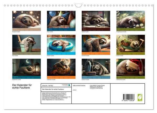 Produktbild: Der Kalender f&uuml;r echte Faultiere (Wandkalender 2026 DIN A3 quer), CALVENDO Monatskalender