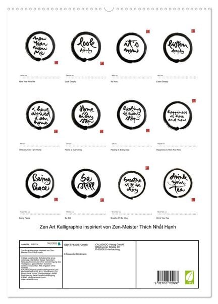 Produktbild: Zen Art Kalligraphie inspiriert von Zen-Meister Th&iacute;ch Nhất Hạnh (hochwertiger Premium Wandkalender 2026 DIN A2 hoch), Kunstdruck in Hochglanz
