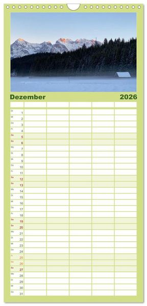Produktbild: Familienplaner 2026 - Alpenauszeit - Die Bergh&uuml;tten unserer Alpen mit 5 Spalten (Wandkalender, 21 x 45 cm) CALVENDO