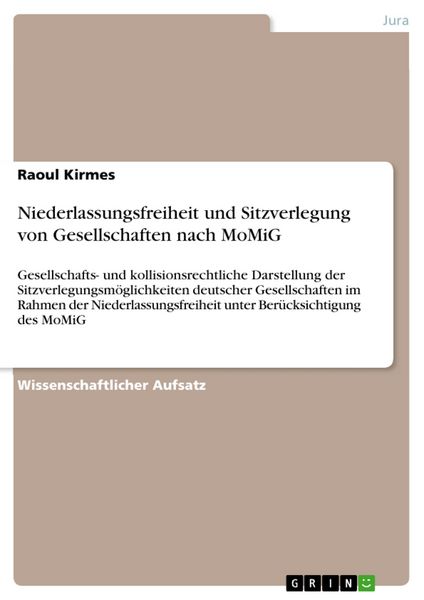Produktbild: Niederlassungsfreiheit und Sitzverlegung von Gesellschaften nach MoMiG