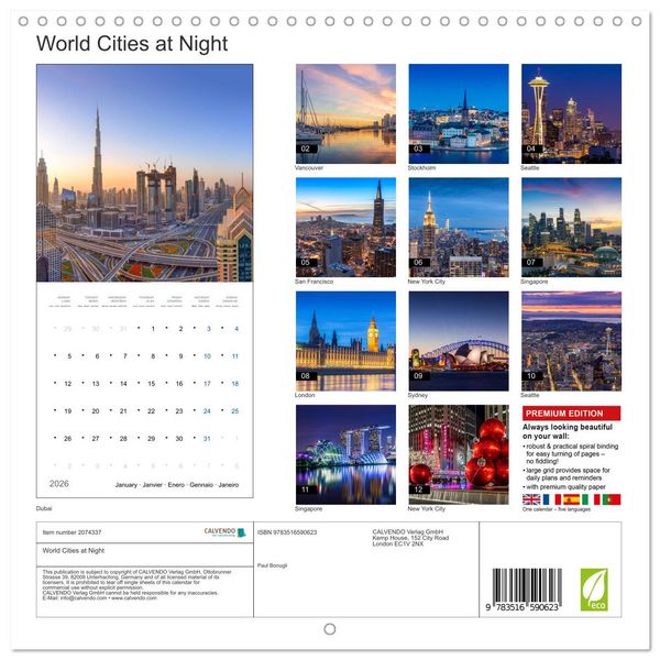 Produktbild: World Cities at Night (Wall Calendar 2026 12 &times; 12 Inch) CALVENDO 12 Month Wall Calendar