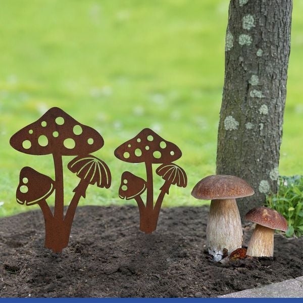 Produktbild: Gartenstecker Pilze, 2er Set, wetterbest&auml;ndig, mit Edelrost-Effekt