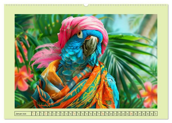 Produktbild: Papageien-Fashion. Farbenfroher Modestil im Dschungel (Wandkalender 2026 DIN A2 quer), CALVENDO Monatskalender