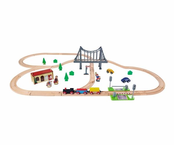 Eichhorn 100006204 - Holz-Schienenbahn, Bahnset mit Brücke, 55-teilig, Gesamtlänge: 500 cm