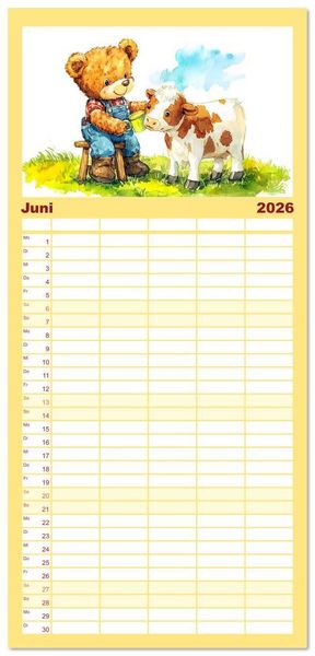 Produktbild: Familienplaner 2026 - Teddy auf dem Bauernhof - Entdecke das Landleben mit Tieren und Feldern mit 5 Spalten (Wandkalender, 21 x 45 cm) CALVENDO