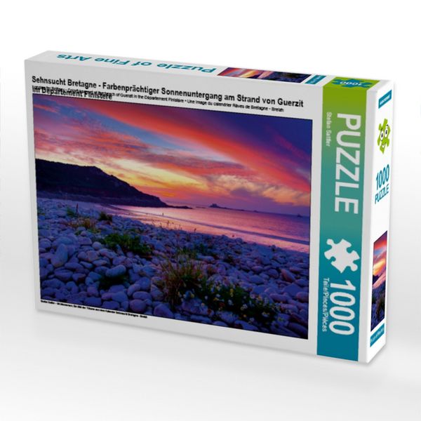 Sehnsucht Bretagne - Farbenprächtiger Sonnenuntergang am Strand von Guerzit im Département Finistére (Puzzle)