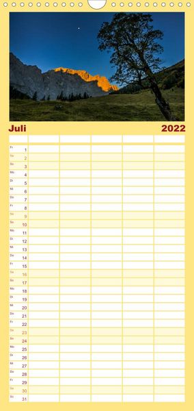 Produktbild: Familienplaner Licht &uuml;ber Alpenlandschaften (Wandkalender 2022 , 21 cm x 45 cm, hoch)