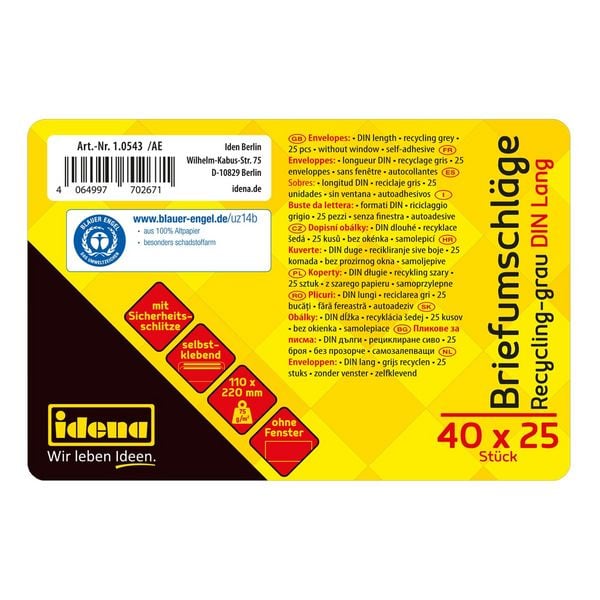 Produktbild: Idena Briefumschl&auml;ge 75g/m&sup2; selbstklebend ohne Fenster grau DIN lang 25 St&uuml;ck recycelt