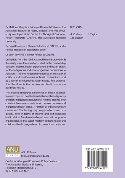Produktbild: Health Expenditure, Income and Health Status Among Indigenous and Other Australians