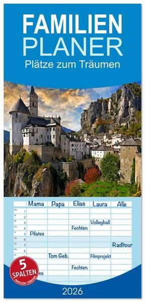 Produktbild: Familienplaner 2026 - Pl&auml;tze zum Tr&auml;umen mit 5 Spalten (Wandkalender, 21 x 45 cm) CALVENDO