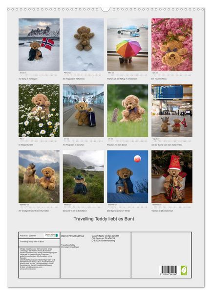Produktbild: Travelling Teddy liebt es Bunt (Wandkalender 2026 DIN A2 hoch), CALVENDO Monatskalender