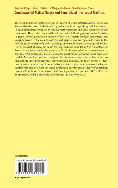 Produktbild: Combinatorial Matrix Theory and Generalized Inverses of Matrices
