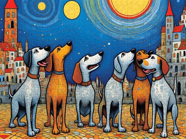 Produktbild: CALVENDO Puzzle Bunte Hunde - im Rudel macht Heulen besonders viel Spa&szlig; | 1000 Teile Lege-Gr&ouml;&szlig;e 64x48cm Foto-Puzzle f&uuml;r gl&uuml;ckliche Stunden