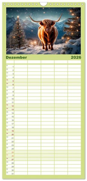 Produktbild: Familienplaner 2026 - Highland K&uuml;he mit 5 Spalten (Wandkalender, 21 x 45 cm) CALVENDO