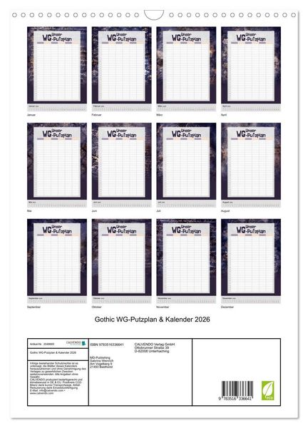 Produktbild: Gothic WG-Putzplan & Kalender 2026 (Wandkalender 2026 DIN A3 hoch), CALVENDO Monatskalender