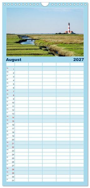 Produktbild: Familienplaner 2027 - Nordfriesland - weiter Horizont, faszinierende Natur, idyllische St&auml;dte mit 5 Spalten (Wandkalender, 21 x 45 cm) CALVENDO