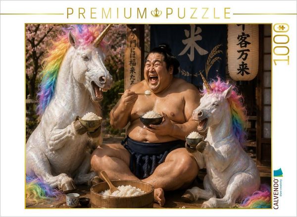 CALVENDO Puzzle Sumoringer und Regenbogeneinhorn | 1000 Teile Lege-Größe 64x48cm Foto-Puzzle für glückliche Stunden