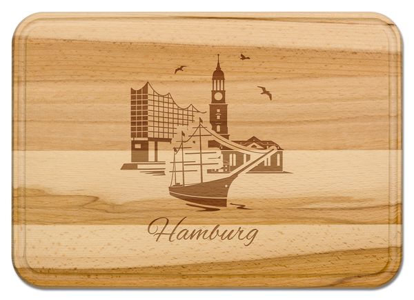 Produktbild: Buchenholz Schneidebrett 35x25cm, Motiv Hamburg