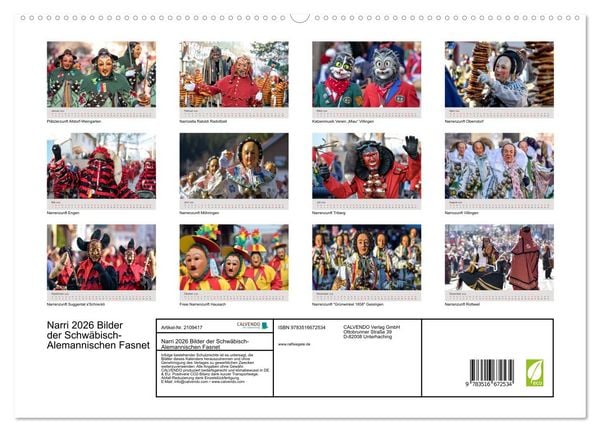 Produktbild: Narri 2026 Bilder der Schw&auml;bisch-Alemannischen Fasnet (hochwertiger Premium Wandkalender 2026 DIN A2 quer), Kunstdruck in Hochglanz