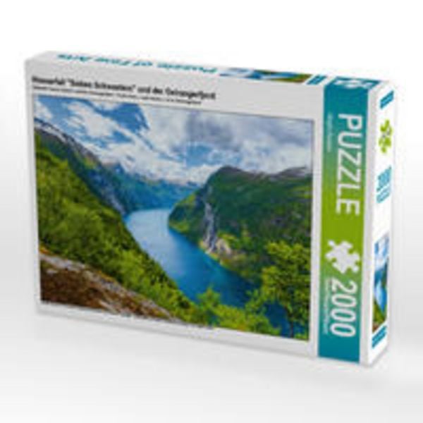 "CALVENDO Puzzle Wasserfall ""Sieben Schwestern"" und der Geirangerfjord | 2000 Teile Lege-Größe 90 × 67 cm Foto-Puzzle für glückliche Stunden"