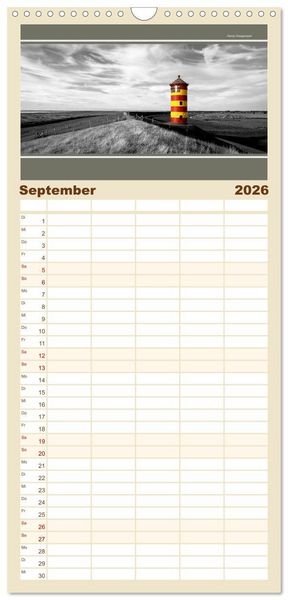 Produktbild: Familienplaner 2026 - Der Pilsumer Leuchtturm mit 5 Spalten (Wandkalender, 21 x 45 cm) CALVENDO