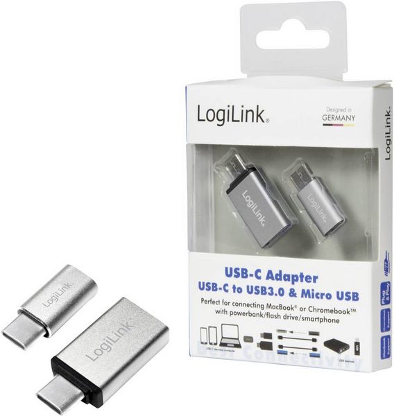 Produktbild: LogiLink USB 3.2 Gen 1 (USB 3.0) Adapter [1x USB-C&reg; Stecker - 1x USB 2.0 Buchse Micro-B, USB 3.2 Gen 1 Buchse A (USB 3.0)] AU0040