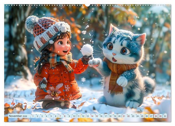 Produktbild: Lina und die Katzen - Magische Abenteuer in niedlichen Szenen (hochwertiger Premium Wandkalender 2026 DIN A2 quer), Kunstdruck in Hochglanz