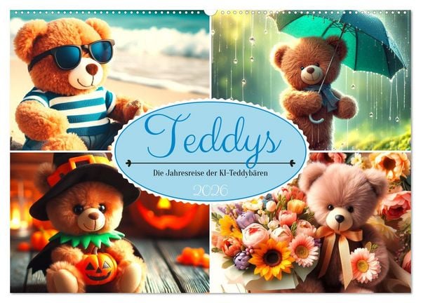 Produktbild: Teddys - Die Jahresreise der KI-Teddyb&auml;ren (Wandkalender 2026 DIN A2 quer), CALVENDO Monatskalender