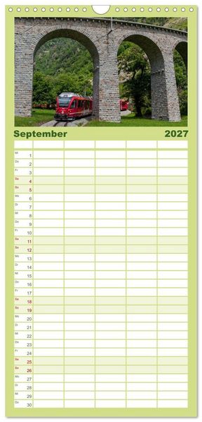 Produktbild: Familienplaner 2027 - Die Rh&auml;tische Bahn - Ein Kurztrip in die Schweiz mit 5 Spalten (Wandkalender, 21 x 45 cm) CALVENDO