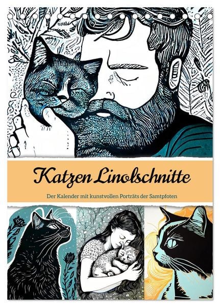 Katzen Linolschnitt - Der Kalender mit kunstvollen Porträts der Samtpfoten (Tischkalender 2024 DIN A5 hoch), CALVENDO Mo
