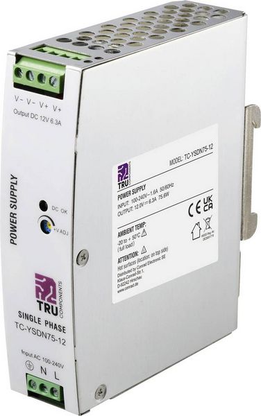 Produktbild: TRU COMPONENTS TC-13804588 Hutschienen-Netzteil (DIN-Rail) 12 V/DC 6.3 A 75.6 W Anzahl Ausg&auml;nge:1 x Inhalt 1 St.