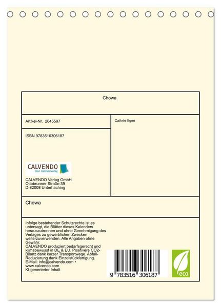 Produktbild: Chowa (Tischkalender 2026 DIN A5 hoch), CALVENDO Monatskalender