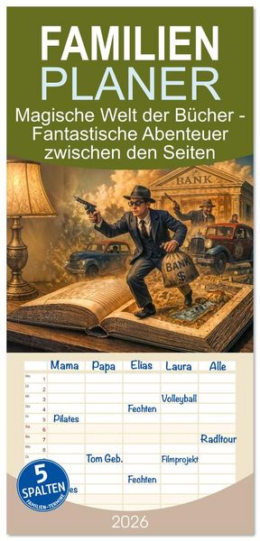 Produktbild: Familienplaner 2026 - Magische Welt der B&uuml;cher - Fantastische Abenteuer zwischen den Seiten mit 5 Spalten (Wandkalender, 21 x 45 cm) CALVENDO