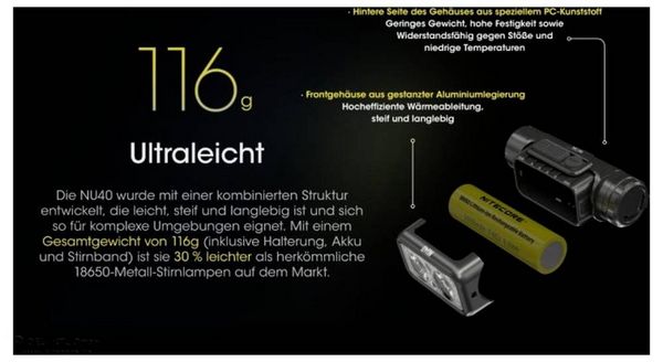 Produktbild: NiteCore NU40 LED Stirnlampe akkubetrieben 1000lm NC-NU40