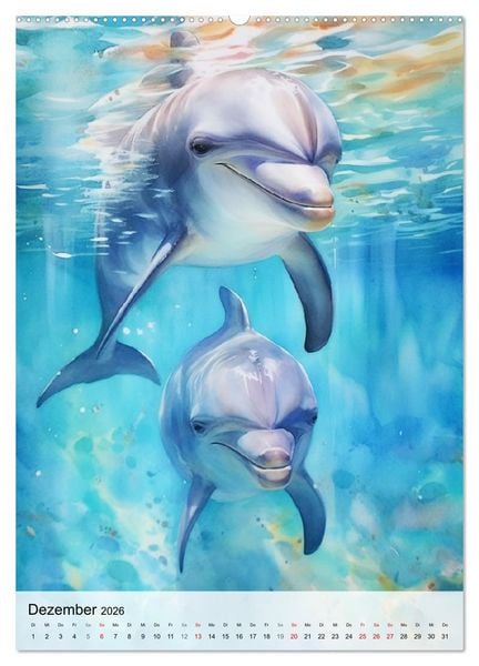 Produktbild: Zauberhafte Delfine. Aquarelle von Spiel und Spa&szlig; in den Wellen (hochwertiger Premium Wandkalender 2026 DIN A2 hoch), Kunstdruck in Hochglanz