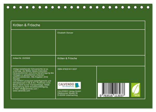 Produktbild: Kr&ouml;ten & Fr&ouml;sche (Tischkalender 2026 DIN A5 quer), CALVENDO Monatskalender