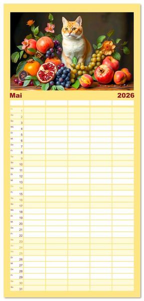 Produktbild: Familienplaner 2026 - Klassische Katzenportr&auml;ts - Katzen in opulenten Stillleben mit 5 Spalten (Wandkalender, 21 x 45 cm) CALVENDO