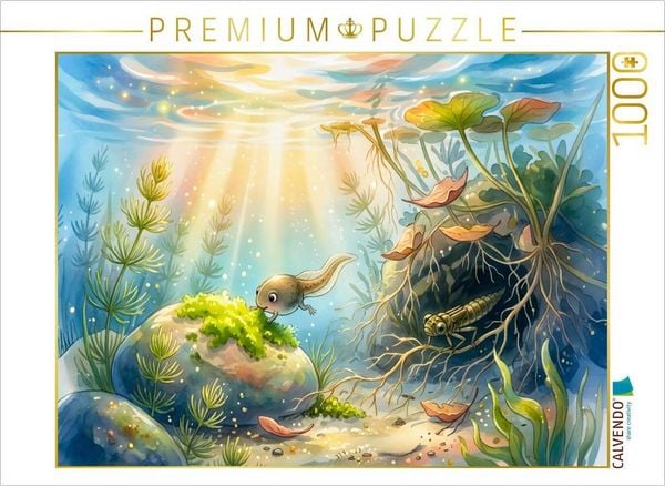 CALVENDO Puzzle Kaulquappe frisst Algen am Teichgrund während Libellenlarve aufmerksam lauert | 1000 Teile Lege-Größe 64 × 48 cm Foto-Puzzle für glückliche Stunden