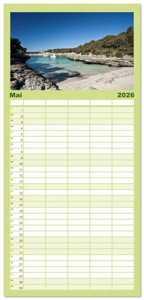 Produktbild: Familienplaner 2026 - Balearen - Mallorca, Menorca, Ibiza und Formentera mit 5 Spalten (Wandkalender, 21 x 45 cm) CALVENDO