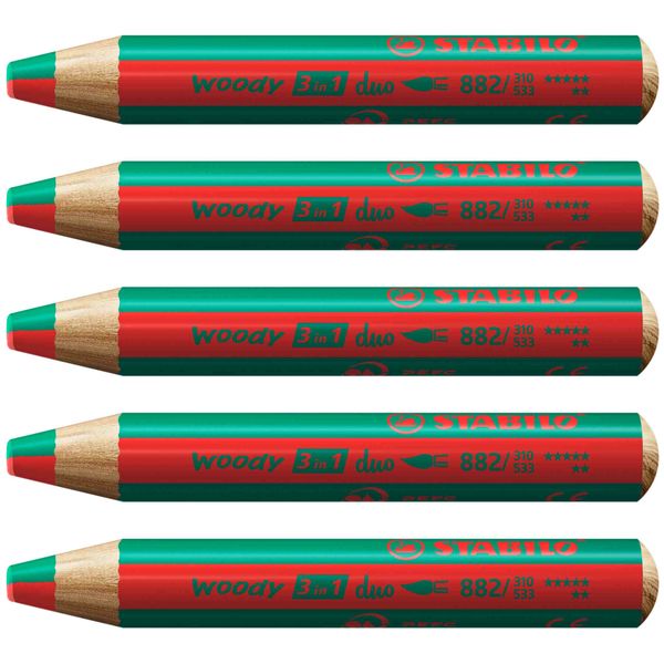 Produktbild: STABILO  woody 3 in 1 duo - zweifarbige Mine, 5er Set rot/dunkelgr&uuml;n