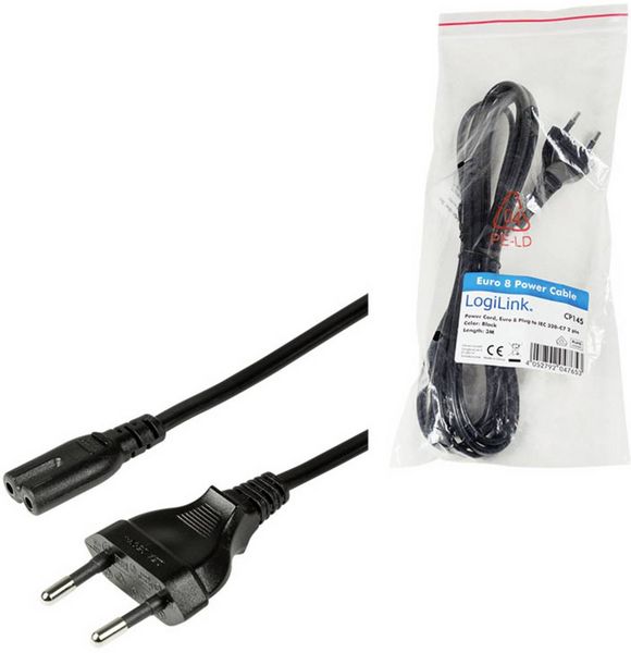Produktbild: LogiLink Strom Anschlusskabel [1x Euro-Stecker - 1x Kleinger&auml;te-Buchse C7] 3.00 m Schwarz