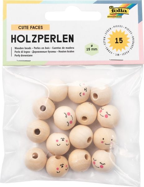 FOLIA Holzperlen Print, Cute Faces 15 Ø 15 mm
