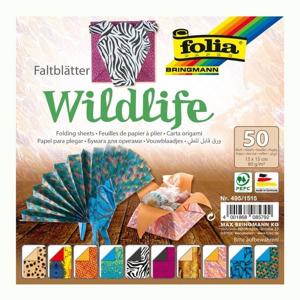 Produktbild: Folia  Faltbl&auml;tter WILDLIFE 80g/m&sup2;, 15x15cm, 50 Blatt, 10 Motive sortiert