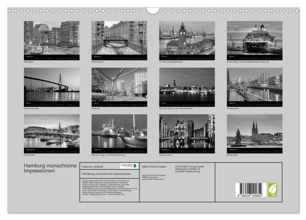 Produktbild: Hamburg monochrome Impressionen (Wandkalender 2026 DIN A3 quer), CALVENDO Monatskalender