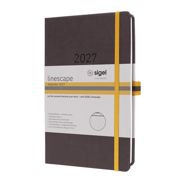 Produktbild: SIGEL L2707 Wochenkalender Linescape 2027 DE, ca. A5, Hardcover, dunkelgrau/gelb