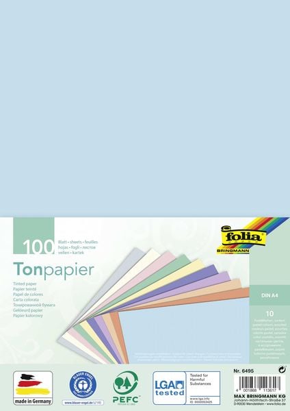 Folia  Tonpapier PASTELL, DIN A4, 100 Blatt in 10 Farben sortiert