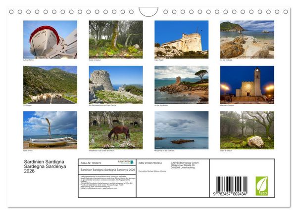 Produktbild: Sardinien Sardigna Sardegna Sardenya 2026 (Wandkalender 2026 DIN A4 quer), CALVENDO Monatskalender